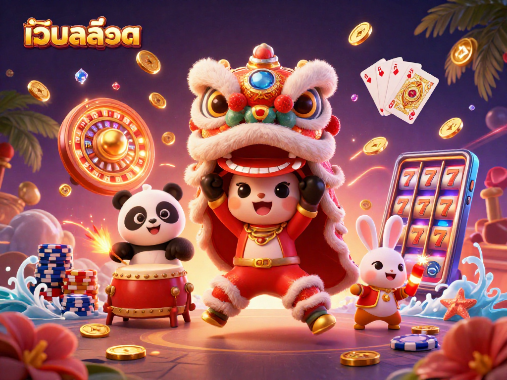 Engage with เว็บสล็อต through vibrant characters and exciting gaming elements in a colorful casino illustration.