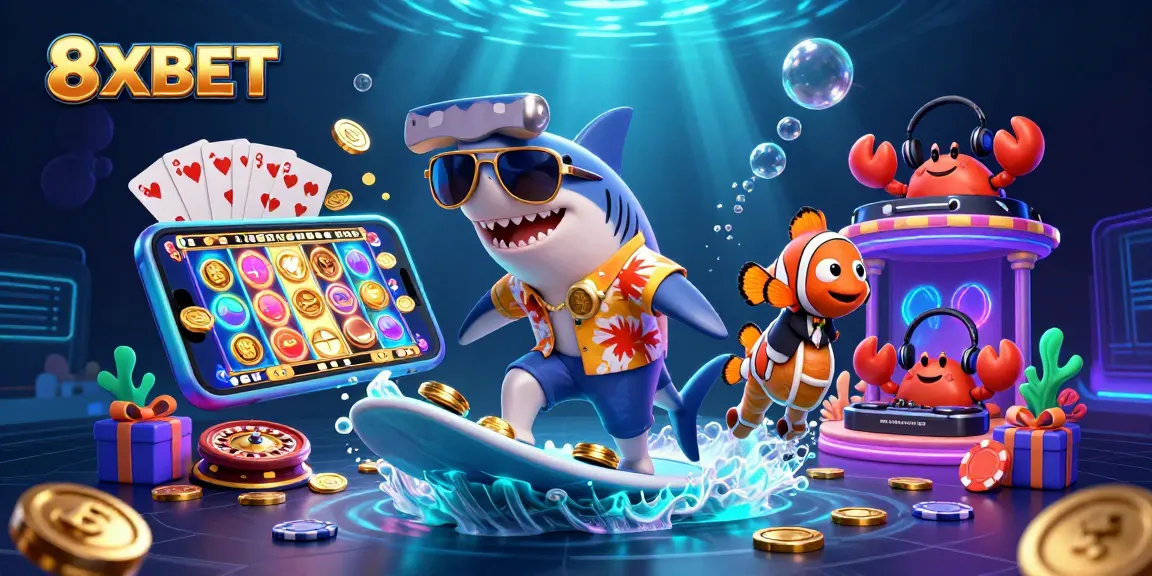 Experience thrilling gaming with 8XBET as a hammerhead shark surfs on gold coins next to a tuxedo clownfish.