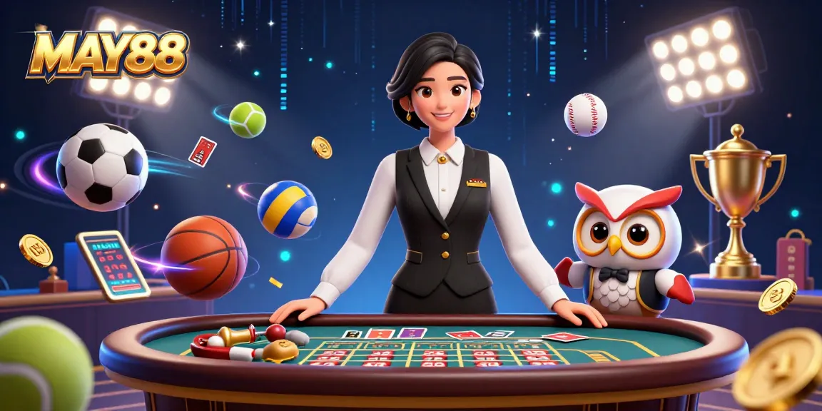 MAY88 casino scene with an Asian dealer and owl assistant at a baccarat table, engaging in gaming excitement