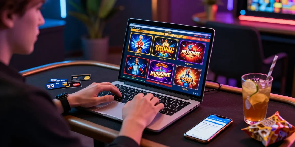 Engaging player at credit card casinos using Visa and Mastercard on laptop, surrounded by gaming visuals.