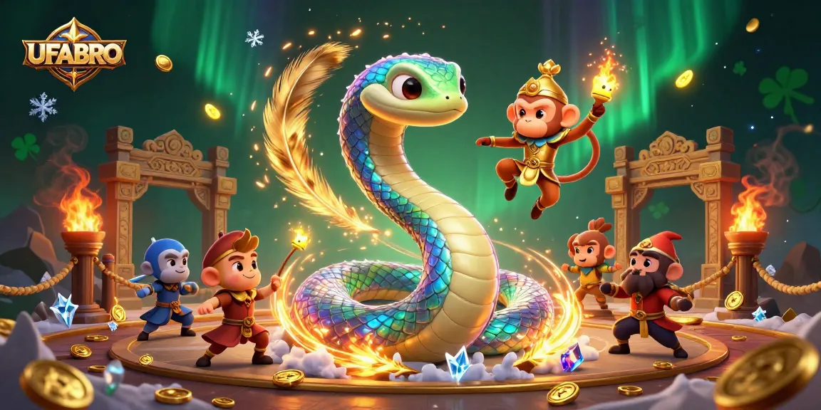 Engage in dynamic gaming action at UFABRO with vibrant casino elements swirling around a rainbow serpent and monkey king.