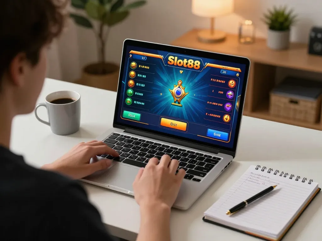 Playing Slot88 online with a laptop in a cozy setup, emphasizing strategic betting.