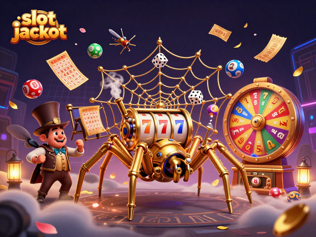 Experience the slot jackpot excitement with colorful game elements and 3D characters in a dynamic scene.