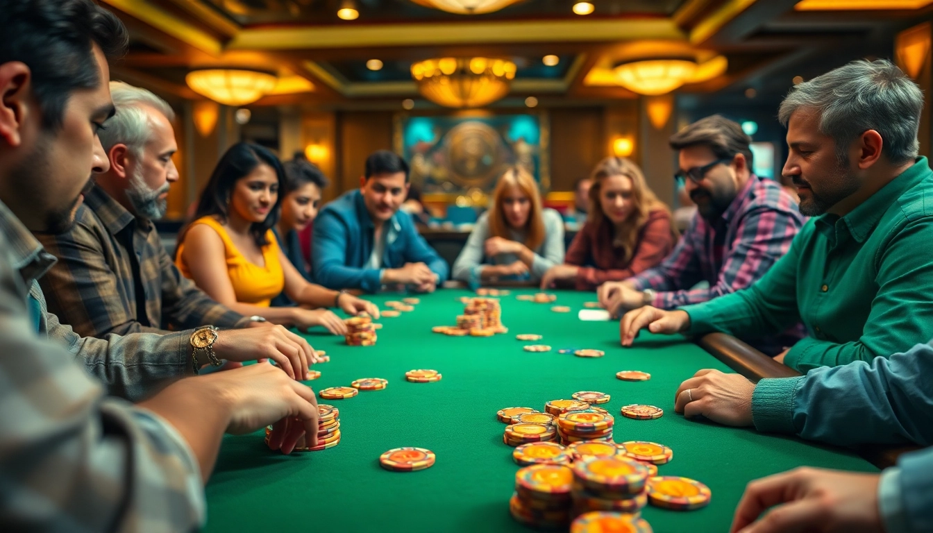 Engage in a thrilling Poker Game with diverse players around a vibrant poker table.