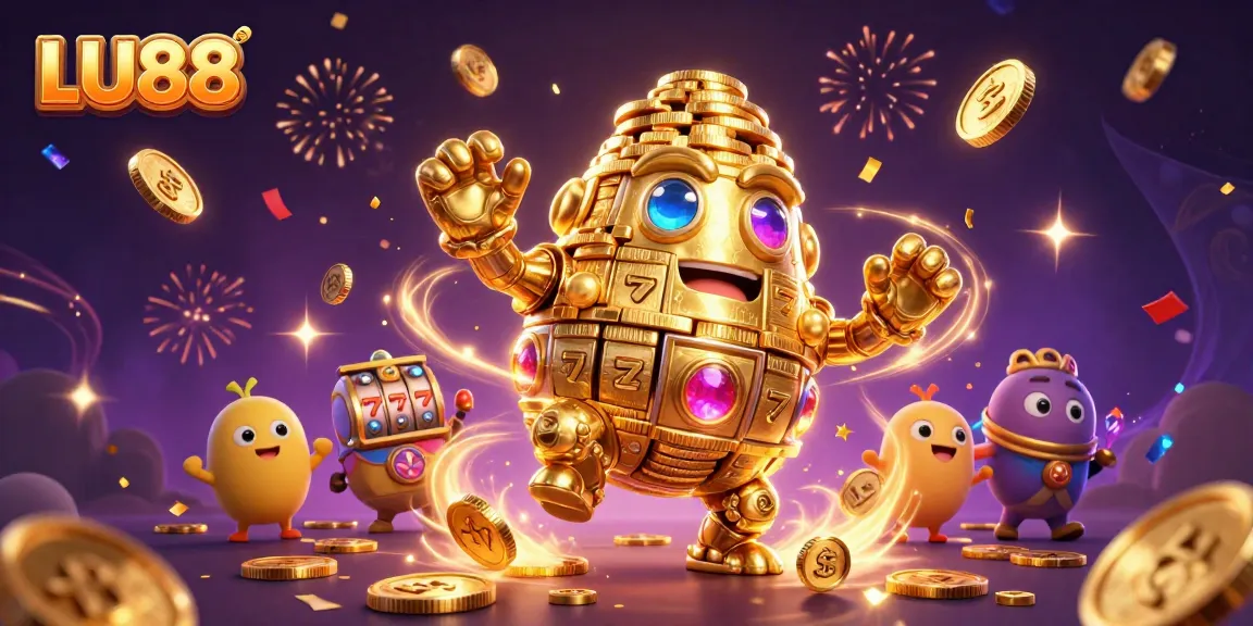 Play engaging slots at LU88 with vibrant golden coins, slot machines, and festive energy.