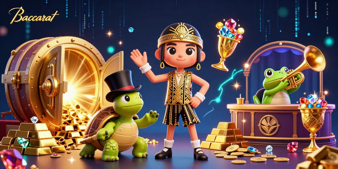Baccarat game action with vibrant characters and treasures at a lively casino scene.