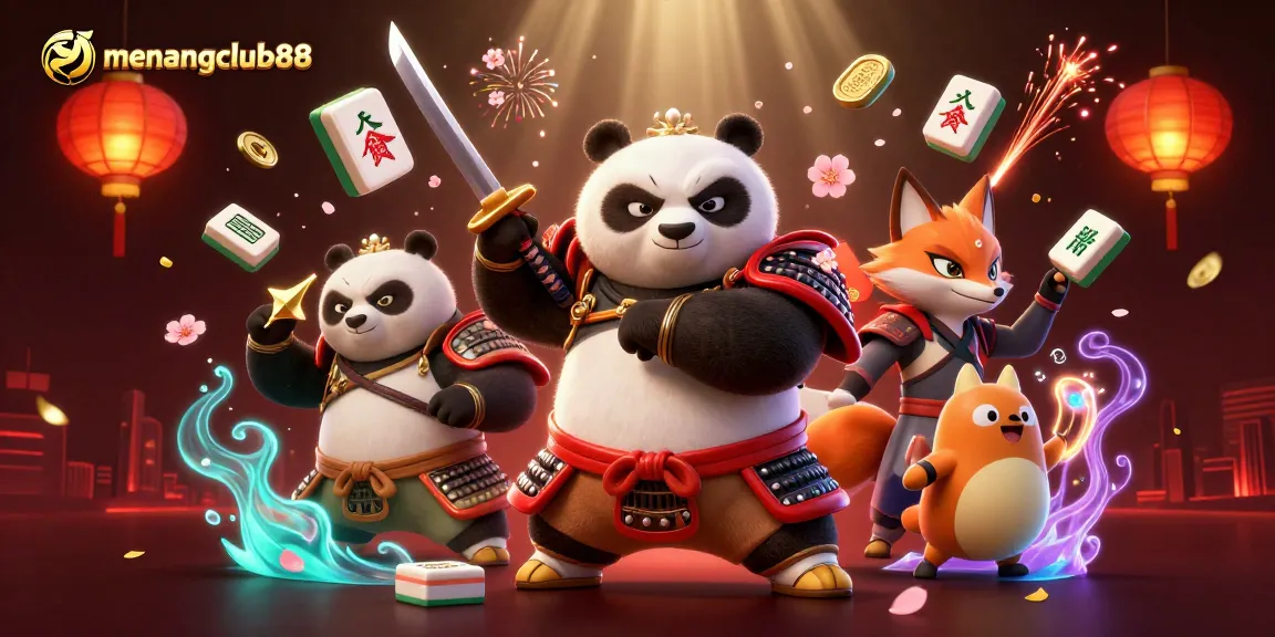 Engage in epic adventures with menangclub88, featuring samurai panda and ninja fox in a vibrant casino scene.