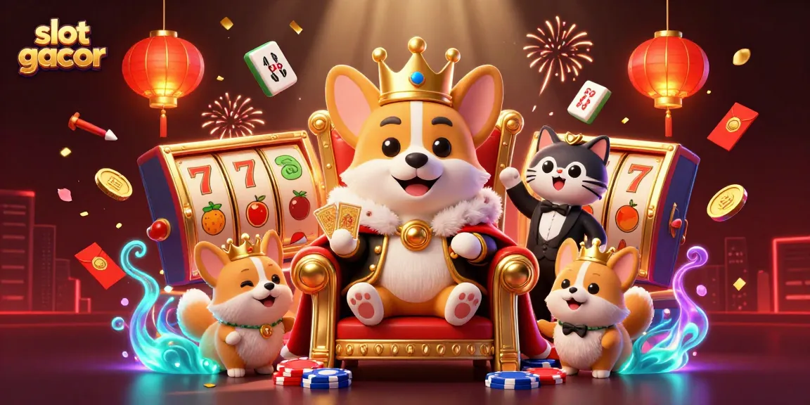 Slot gacor menampilkan corgi kerajaan dengan mahkota emas dan permainan slot yang berkilau.