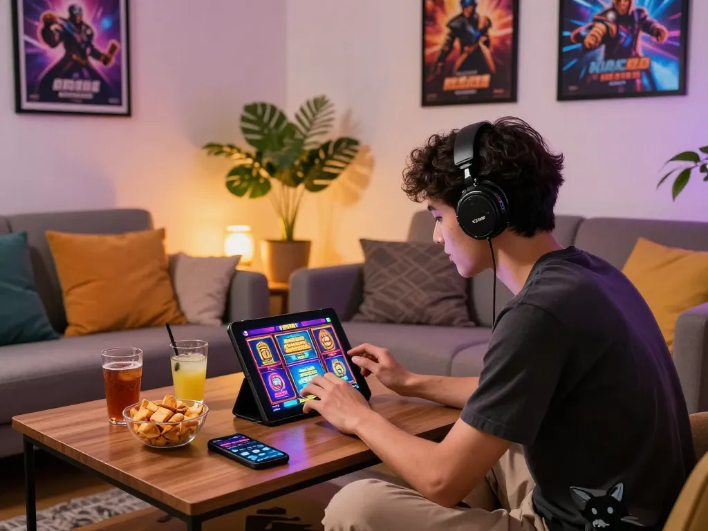 Engaging gaming atmosphere highlighting slot gacor hari ini with a player enjoying their experience in a cozy living room.