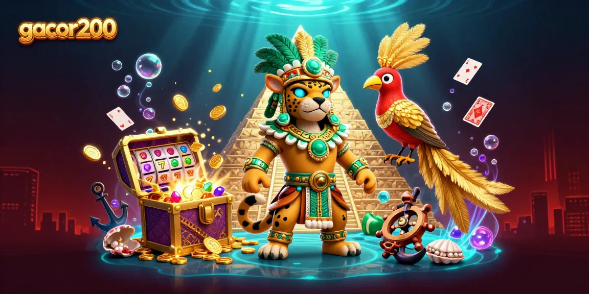 Engage with gacor200's vibrant online casino scene, featuring dynamic slot reels and energetic characters.