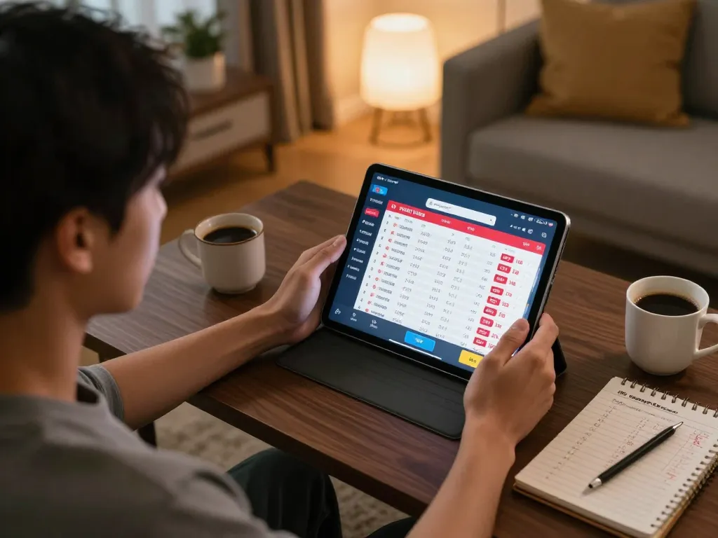 Terlibat dalam taruhan toto togel melalui tablet di lingkungan rumah yang nyaman, menunjukkan permainan strategis.