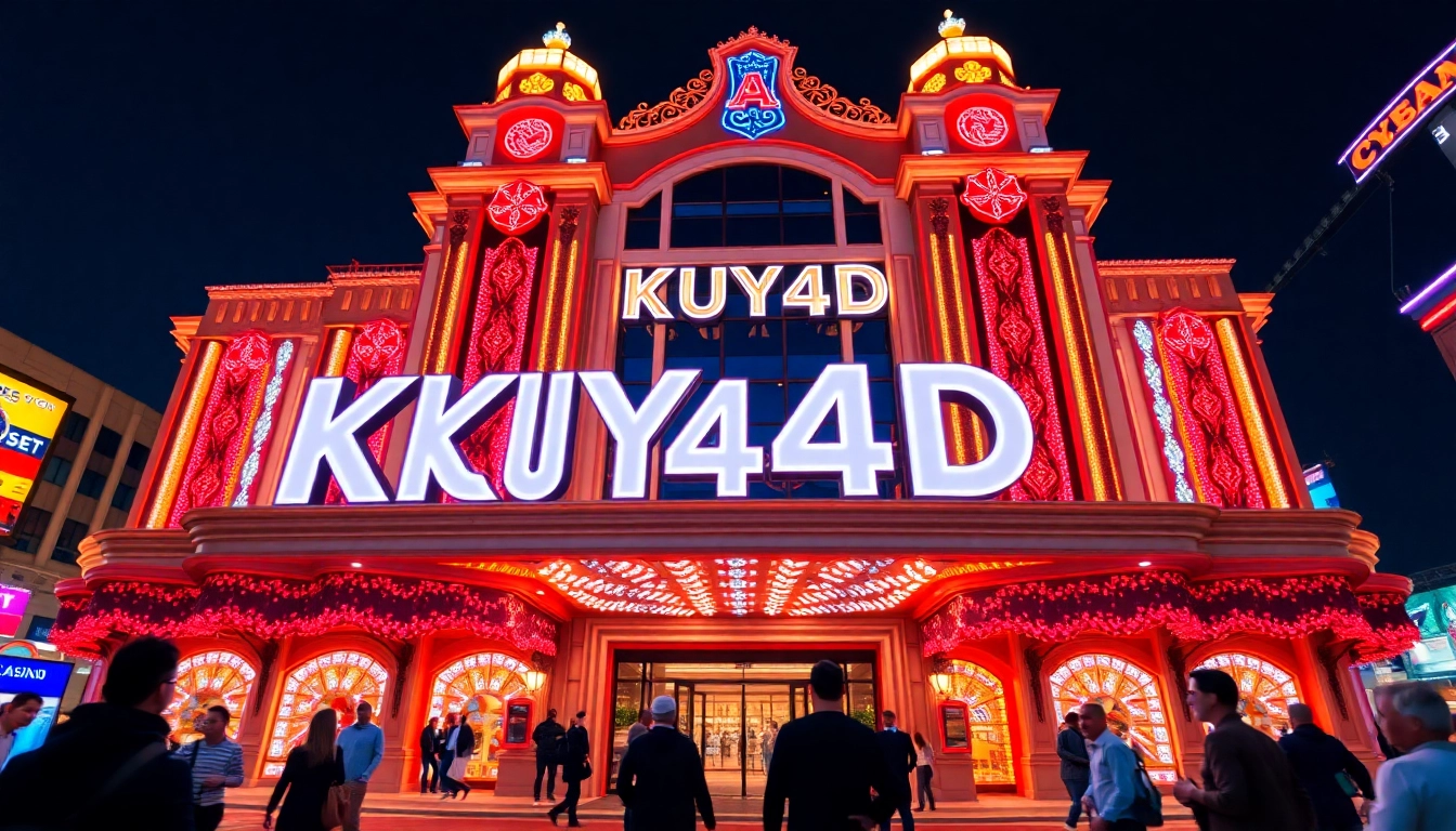 Masuk ke kasino dengan "KUY4D" neon yang menyala, dikelilingi oleh keramaian dan kebahagiaan.