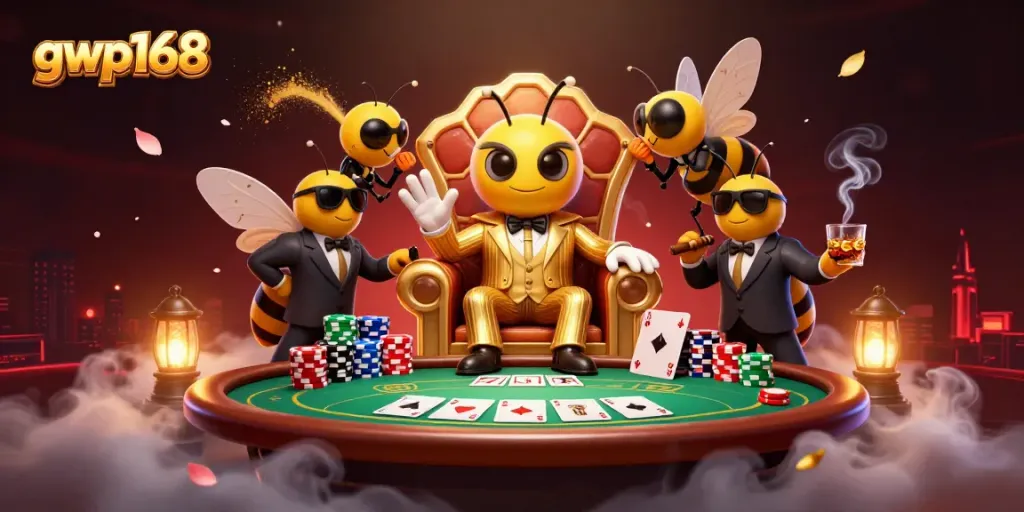 Mengambil hadiah di meja poker GWP168, dengan boss lebah dalam suit emas dikelilingi oleh penjaga wasp dan informan kupu-kupu.
