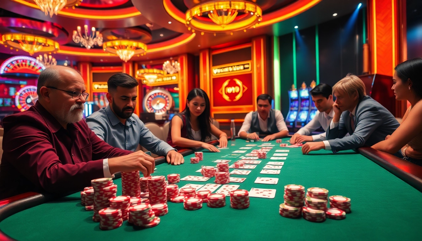 Pahala4D poker game at a luxurious casino table with colorful chips and cards.