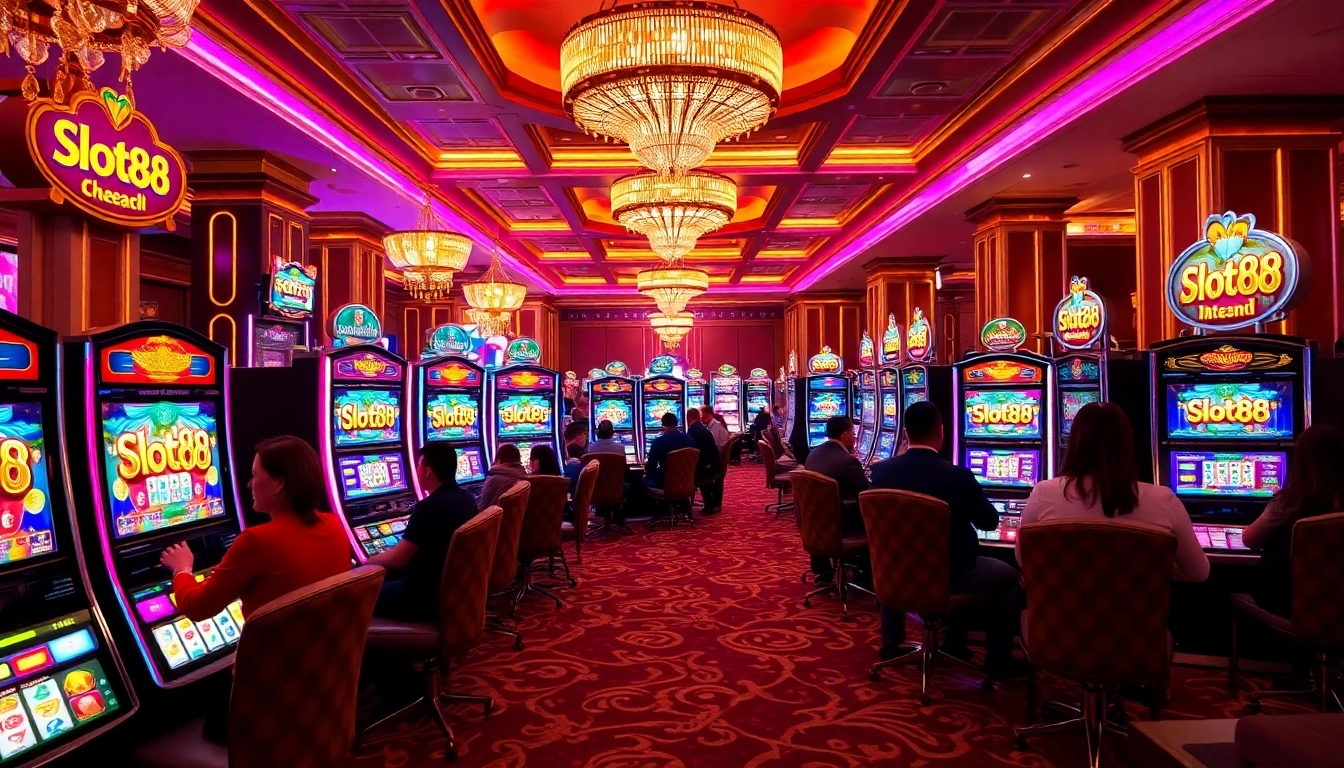 Experience thrilling gameplay at slot88 with vibrant slot machines and eager players in a luxurious casino.