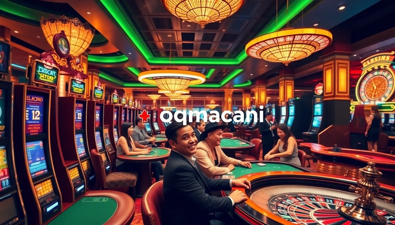 Experience thrilling gaming at QQMACAN's vibrant casino featuring slot machines and poker tables.
