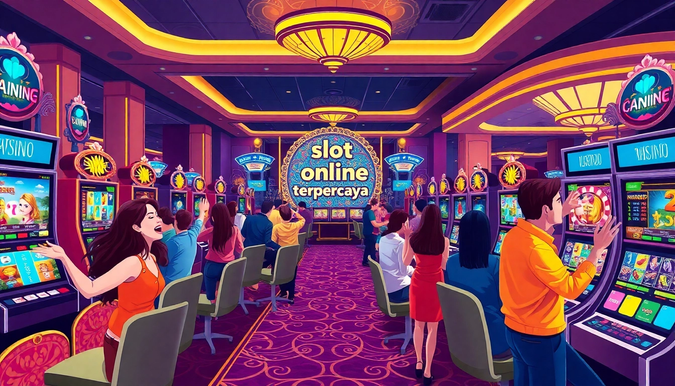 Players enjoying vibrant slot machines at a luxurious casino, emphasizing slot online terpercaya.