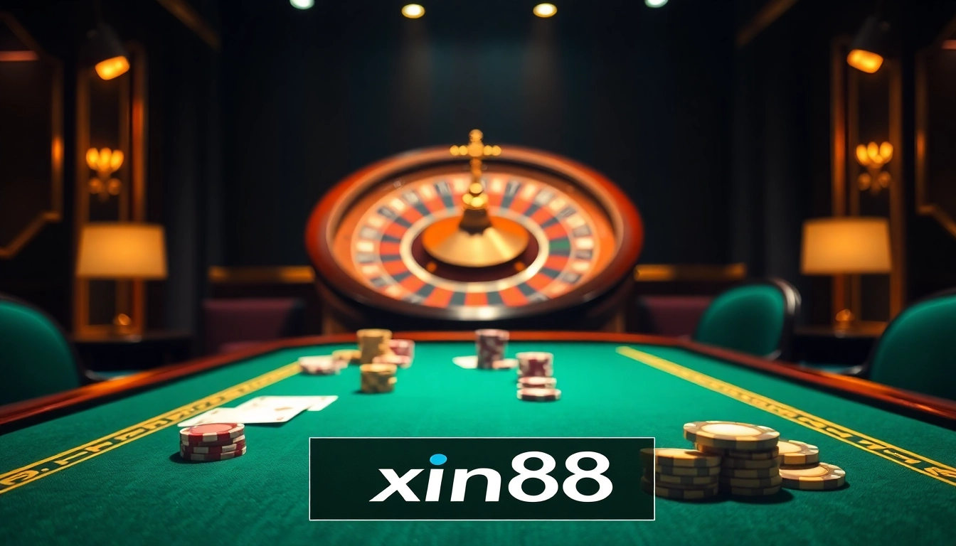 Experience the thrill of winning at xin88 with elegant casino tables and vibrant gaming elements.