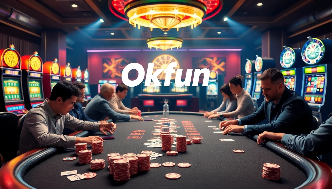 Players enjoying thrilling games at a luxurious casino with Okfun presence.