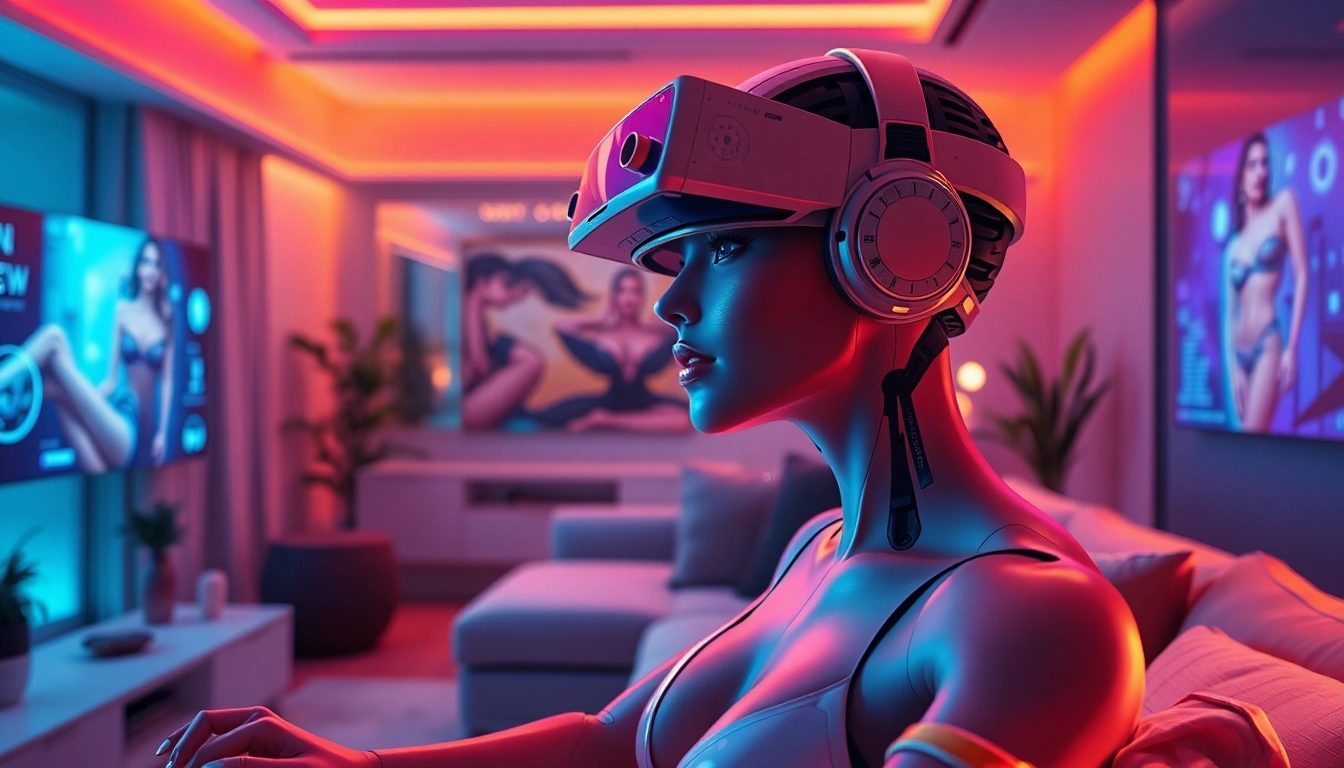 AI nsfw character in a modern apartment engaging with virtual reality technology.