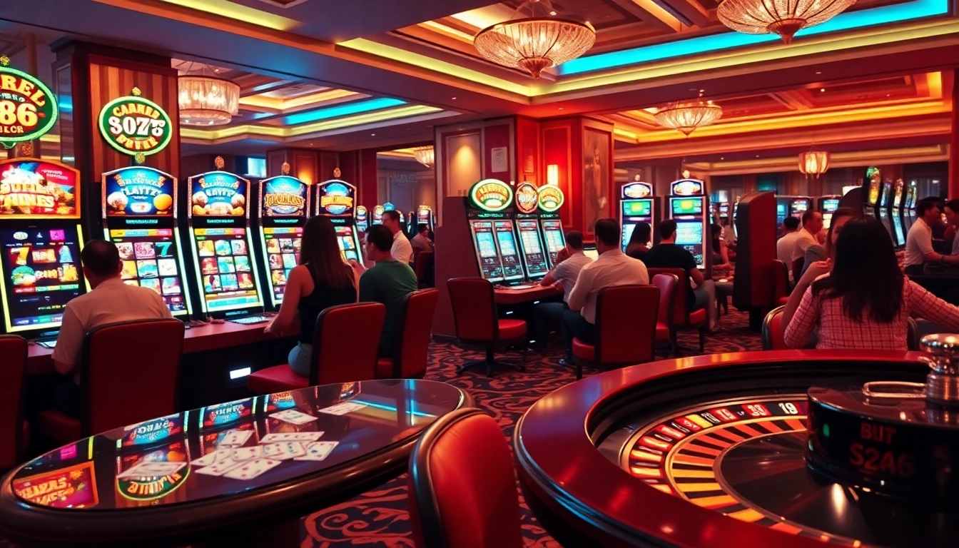 Players enjoying the thrilling slot88 machines at a luxurious casino.