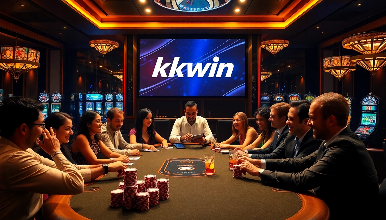 Capture the excitement of kkwin as players enjoy a thrilling poker game in a luxurious casino setting.