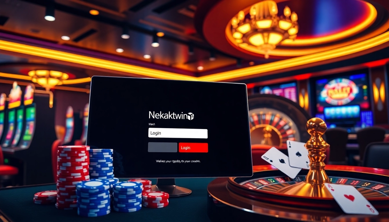 Engage with the exciting world of online gaming through login nekatwin showcasing vibrant slot machines and poker chips.