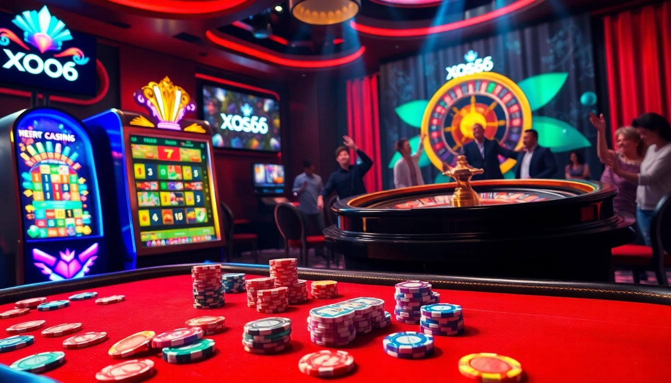 Xoso66 casino scene showcasing a vibrant slot machine and poker table filled with colorful chips.